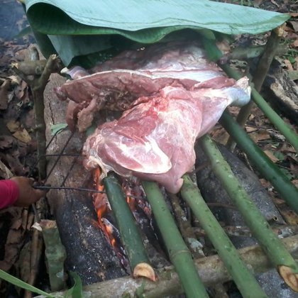 El cariño de los hermanos YINE amigos del bosque se esta cocinando ahumado de venado 