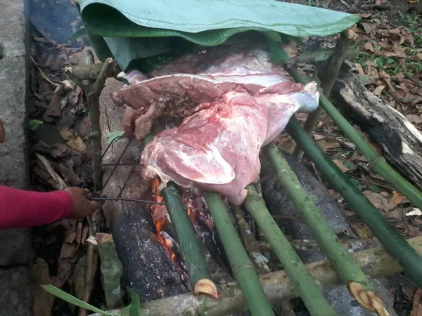 El cariño de los hermanos YINE amigos del bosque se esta cocinando ahumado de venado 